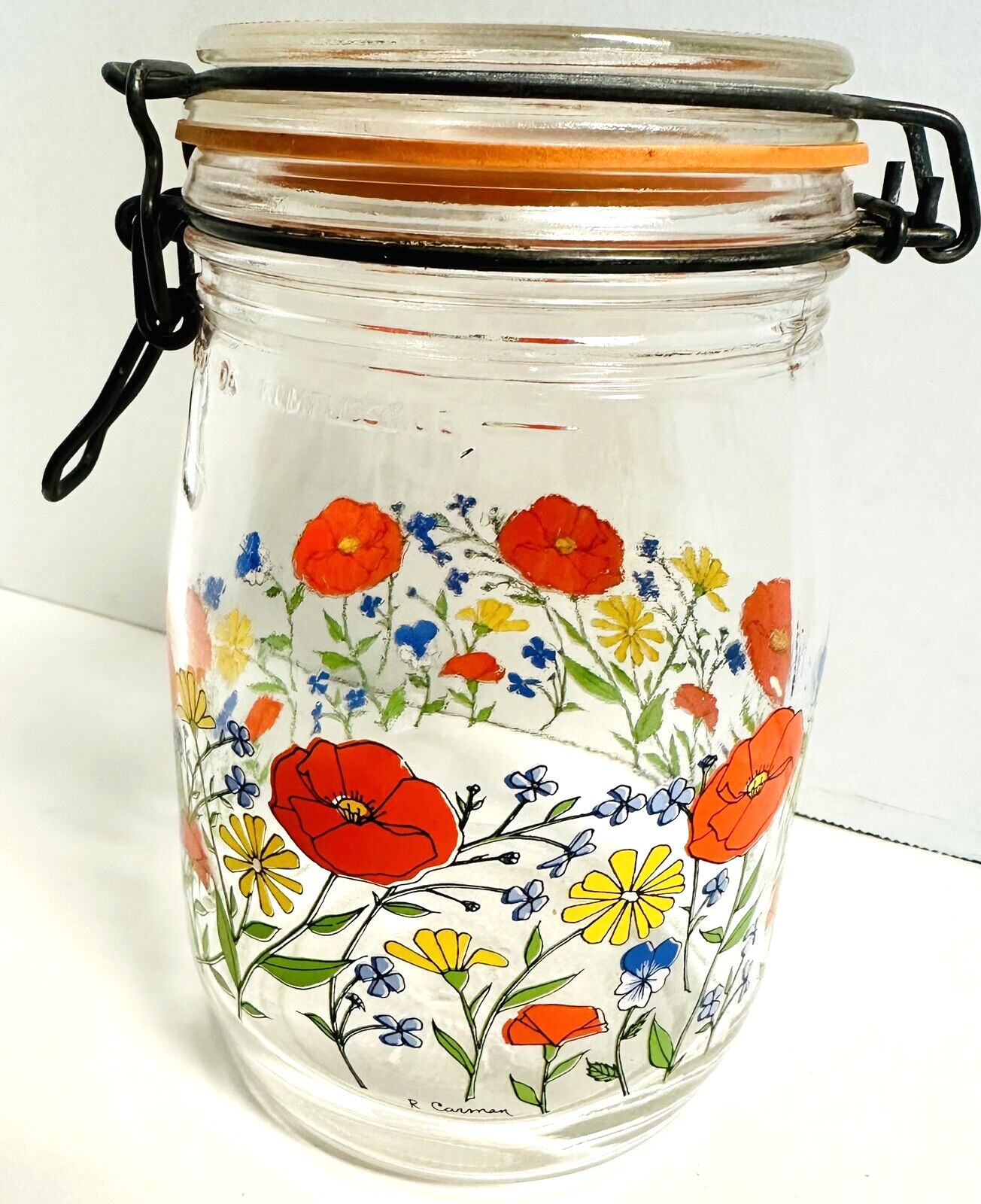 Vintage Arc France Poppy Flowers 1 Liter Sealable Glass Kitchen Canister Jar