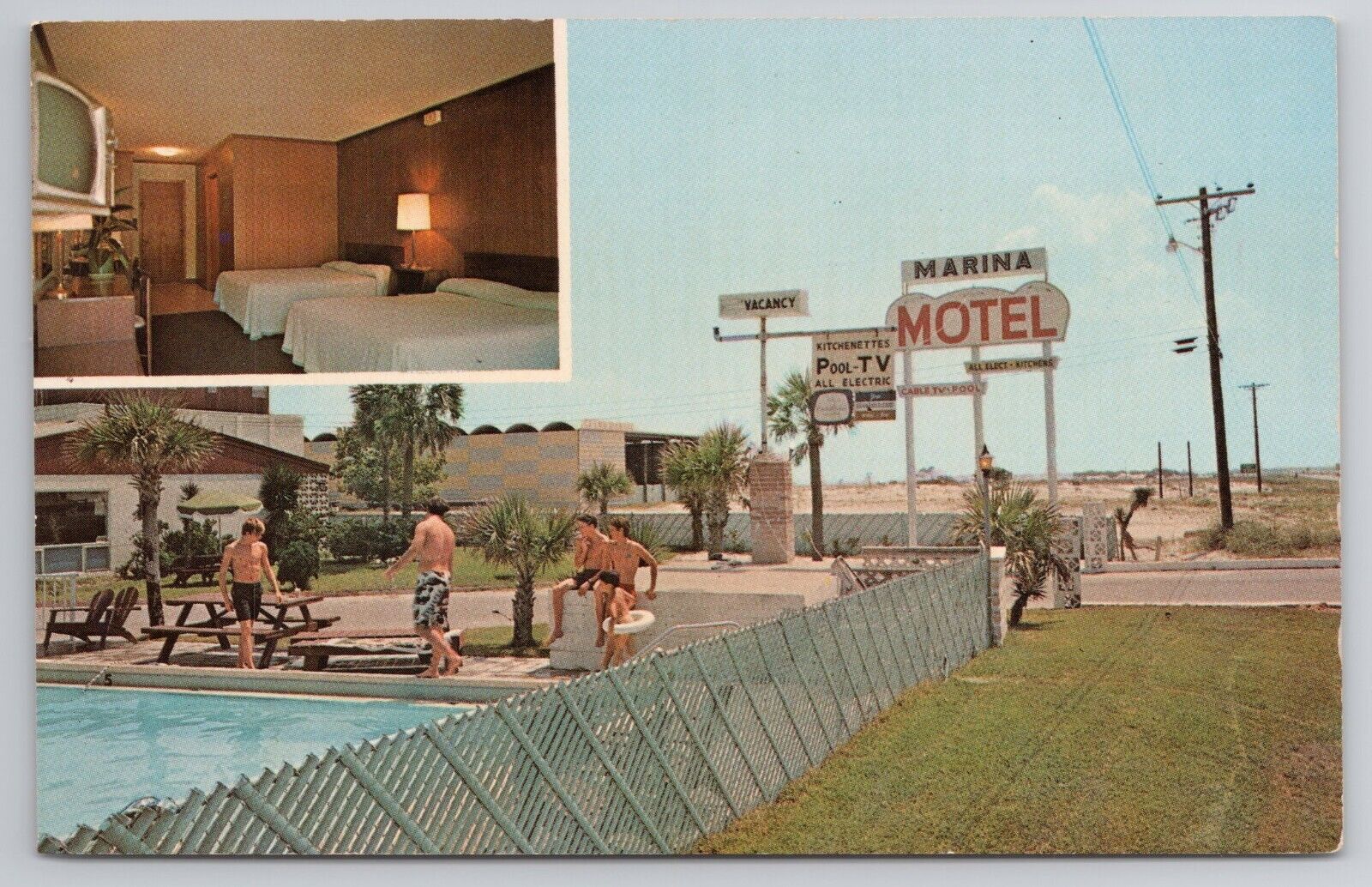 1970 Postcard Marina Motel Fort Walton Beach Florida FL Pool Scene Inset TV
