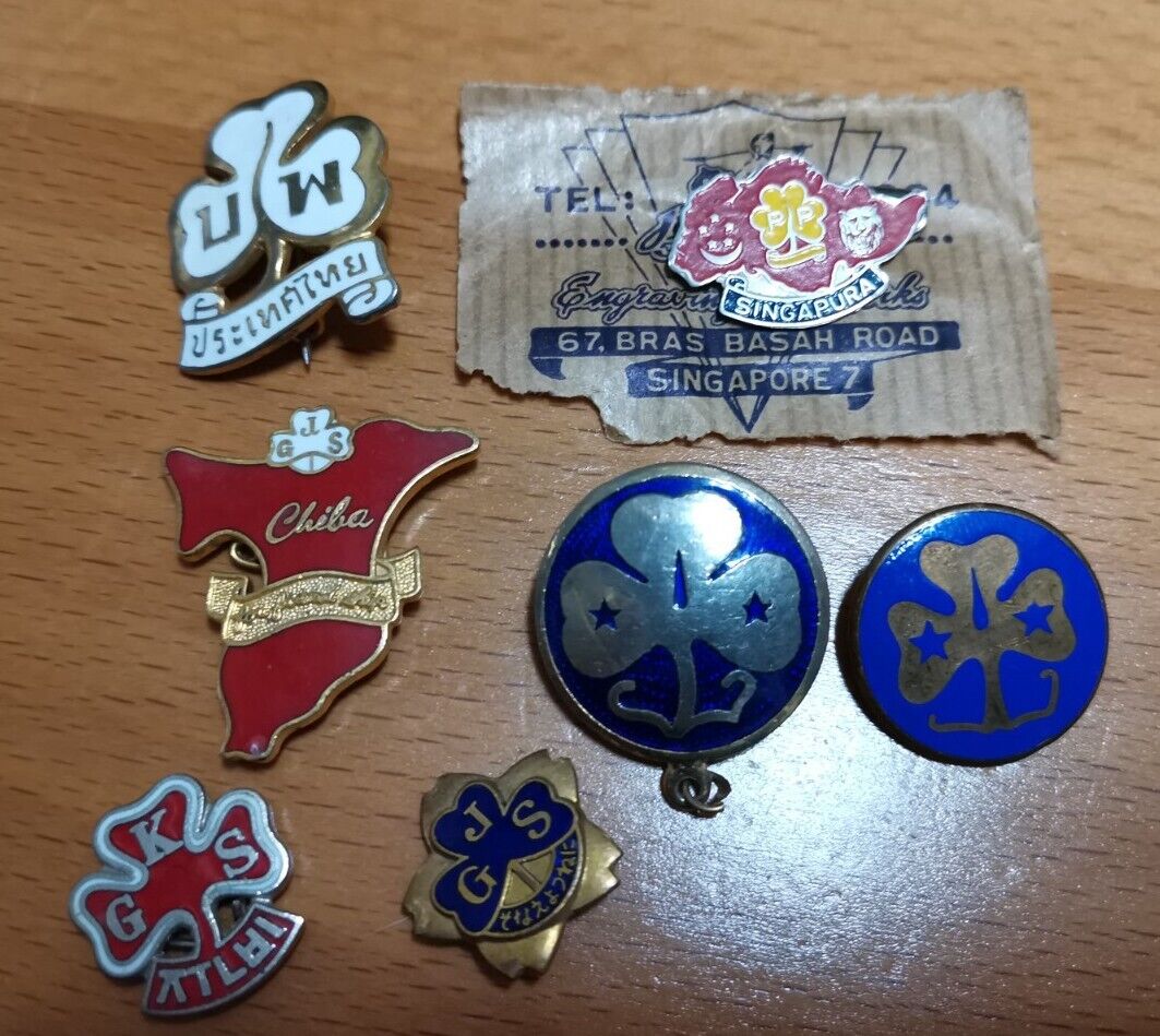 vintage Asia Girl Guides pin badge Singapore Japan Thailand KGS x7 pcs