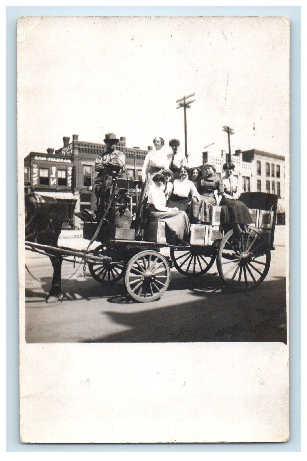 c1910's Women Employees On Parade Horse Wagon Manchester NH RPPC Photo Postcard