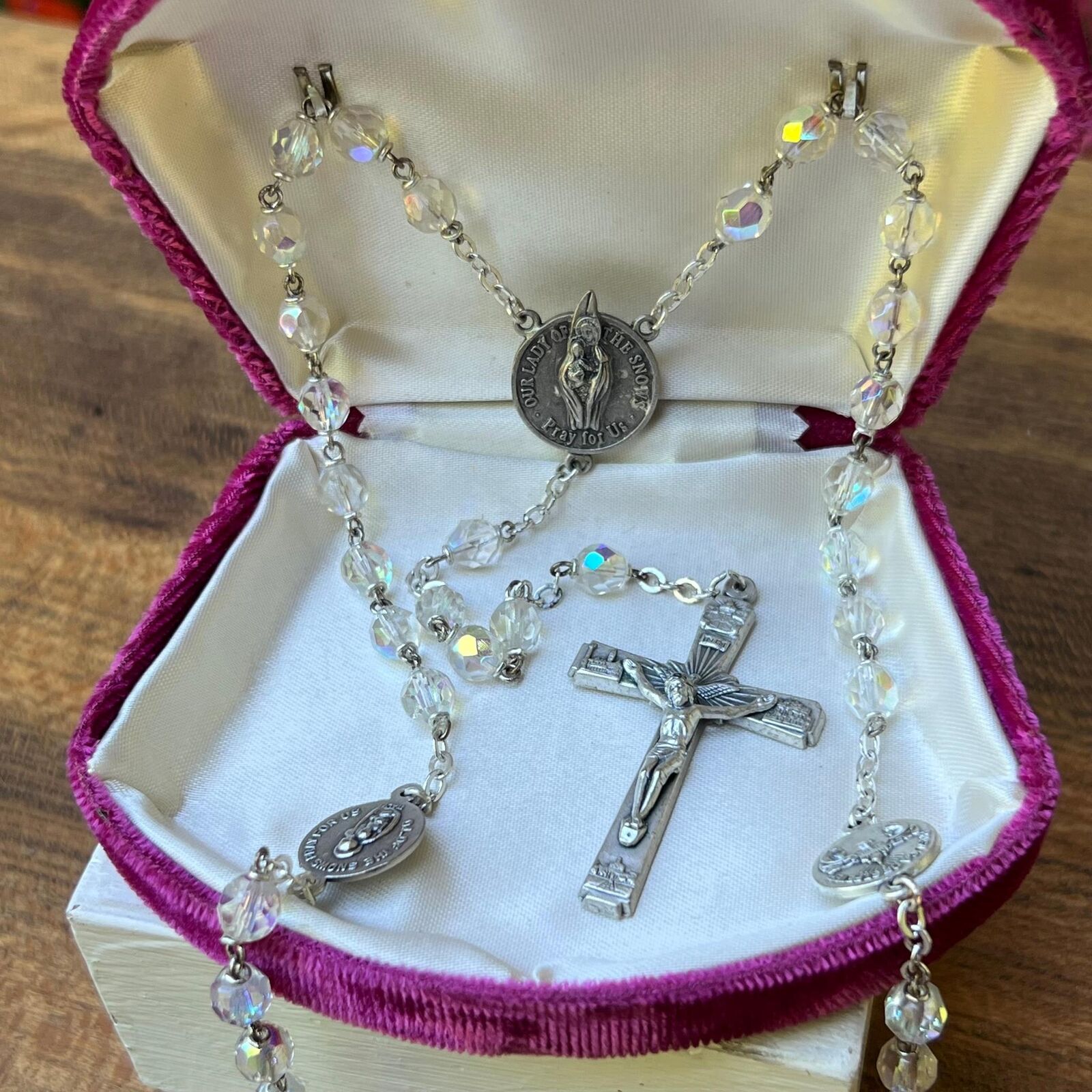 Vintage Italian Aurora Borealis Crystal Bead Missionary Oblates of Mary Rosary