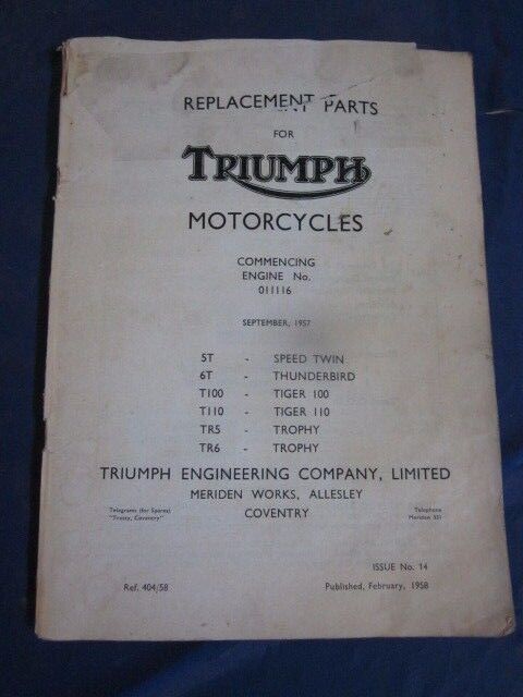 1958 Triumph Motorcycle Parts Catalog Speed Twin Thunderbird Tiger Trophy more