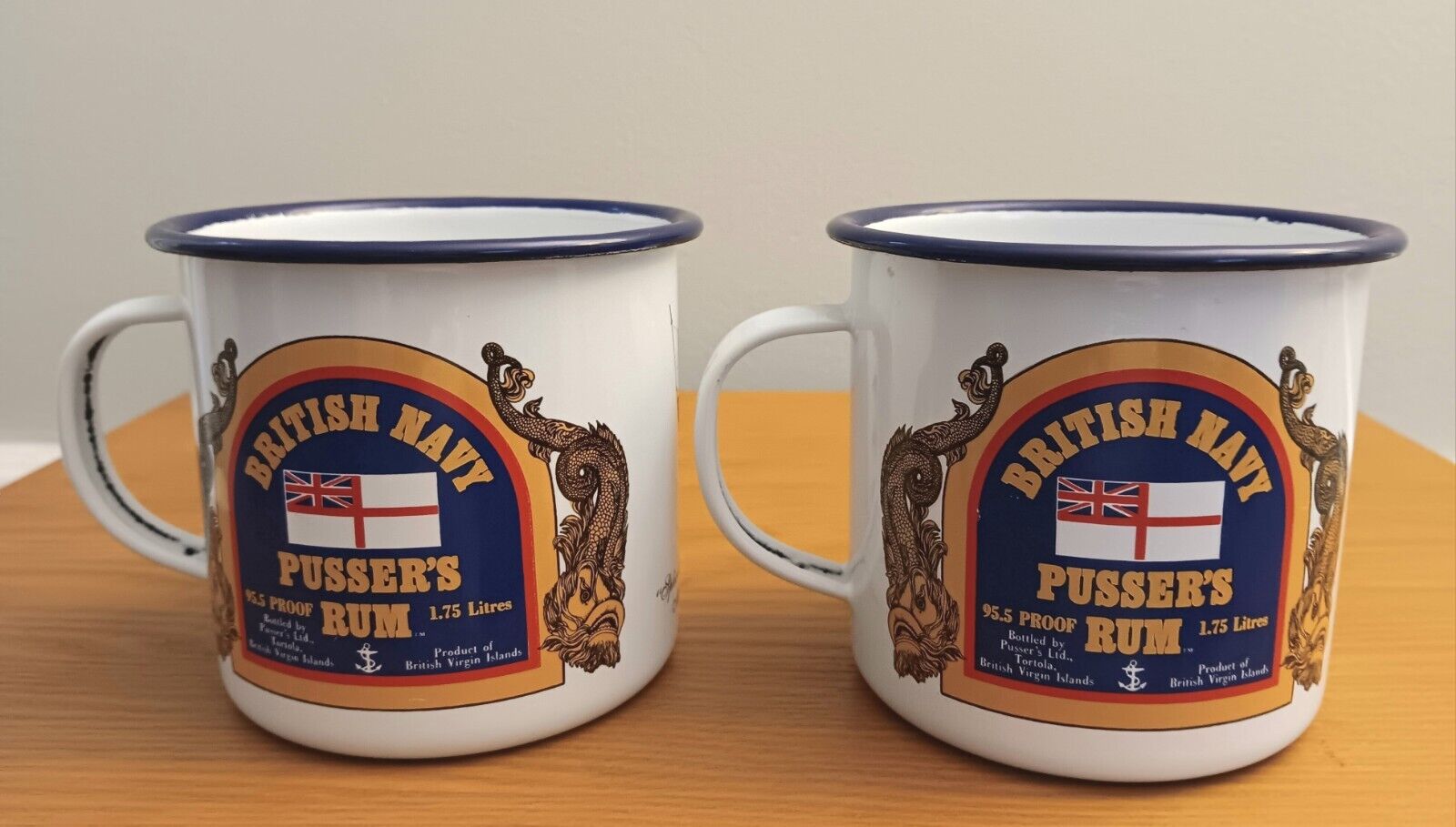 Lot of 2 British Navy Pusser\'s Rum Enameled Tin Cups Mugs \