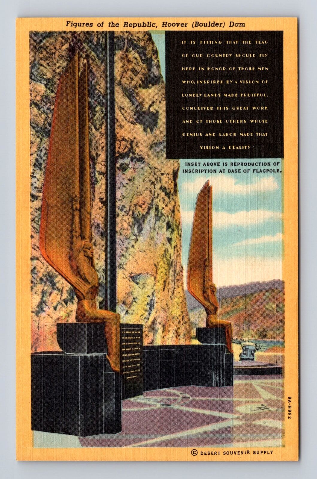 NV-Nevada, Figure Of The Republic, Hoover Boulder Dam, Antique Vintage Postcard
