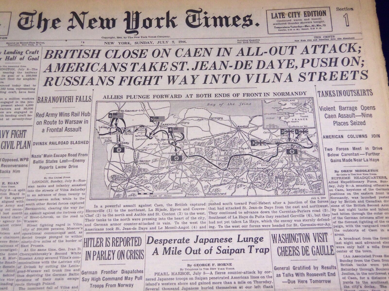 1944 JULY 9 NEW YORK TIMES - AMERICANS TAKE ST. JEAN DE DAYE, PUSH ON - NT 784