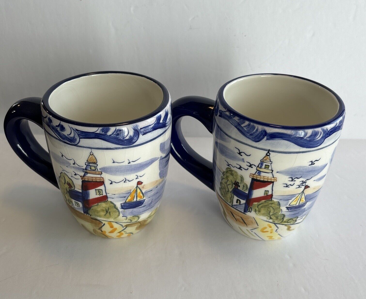 Set Of 2 Nantucket Collection CeramicLighthouse Sailboat Nautical Mugs Pre-owned