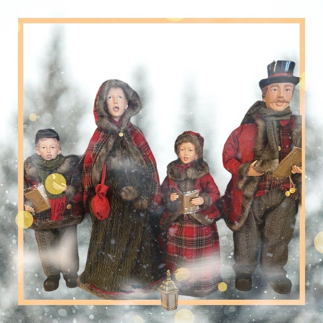 Large Dickensian Through The Country Door Velvet and Plaid Caroling Family
