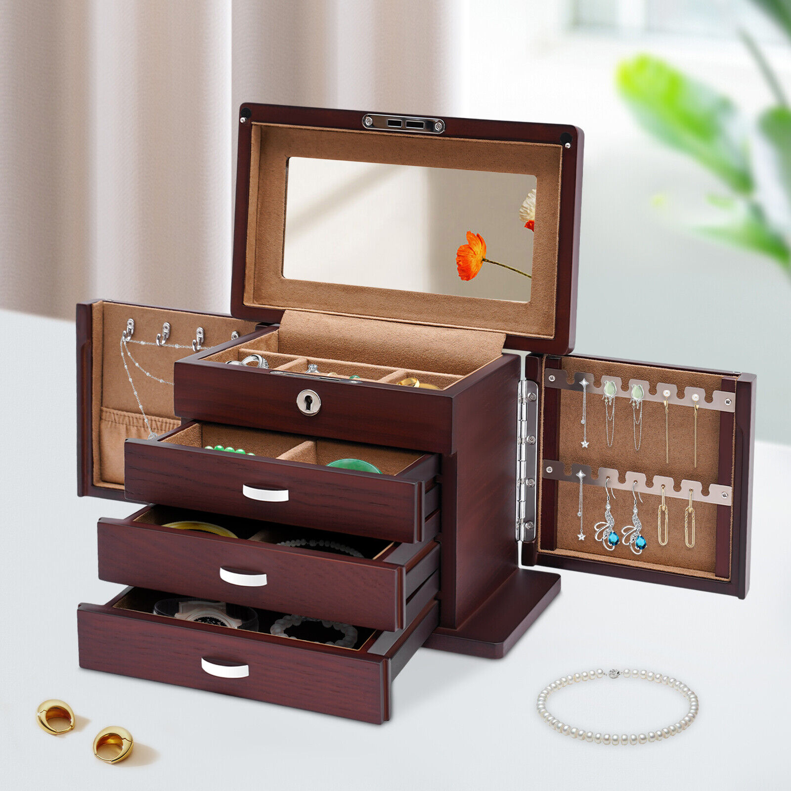 4-Layer Large Wooden Jewelry Box Large Wooden Jewelry Box with Drawers Key Lock