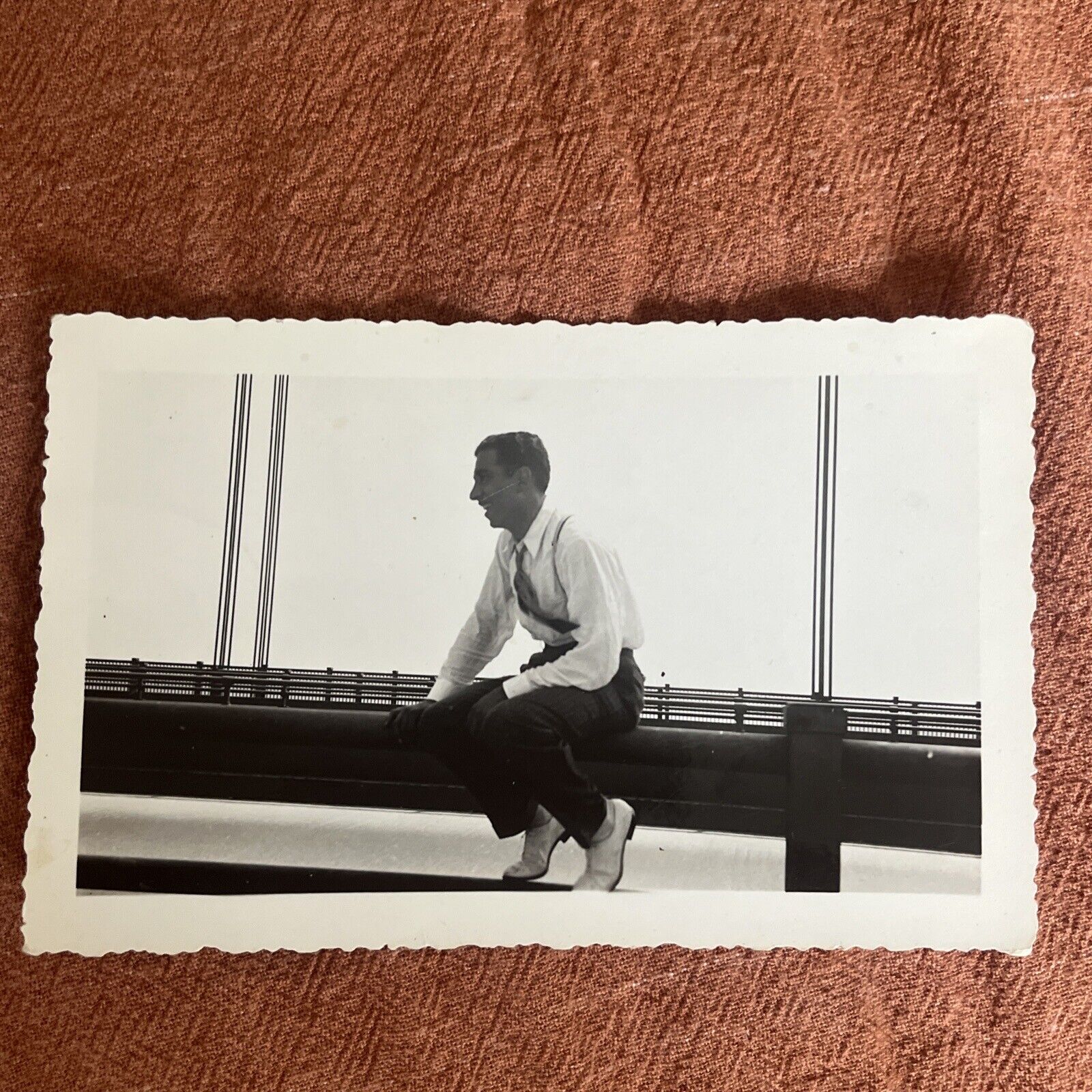 VTG PHOTO Handsome Young Man on Bridge Tie Flying Away 1930s Gay Vernacular