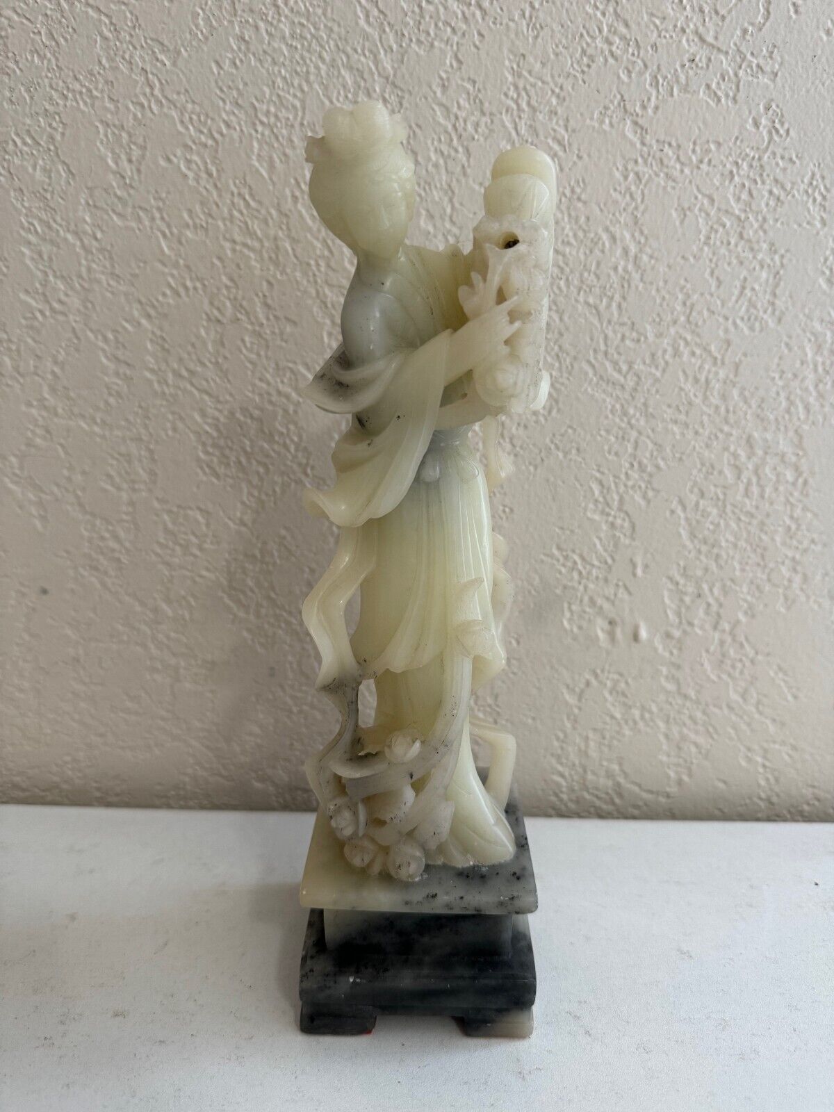 Vintage Antique Chinese Soapstone Carving Statue Woman w/ Flowers & Object