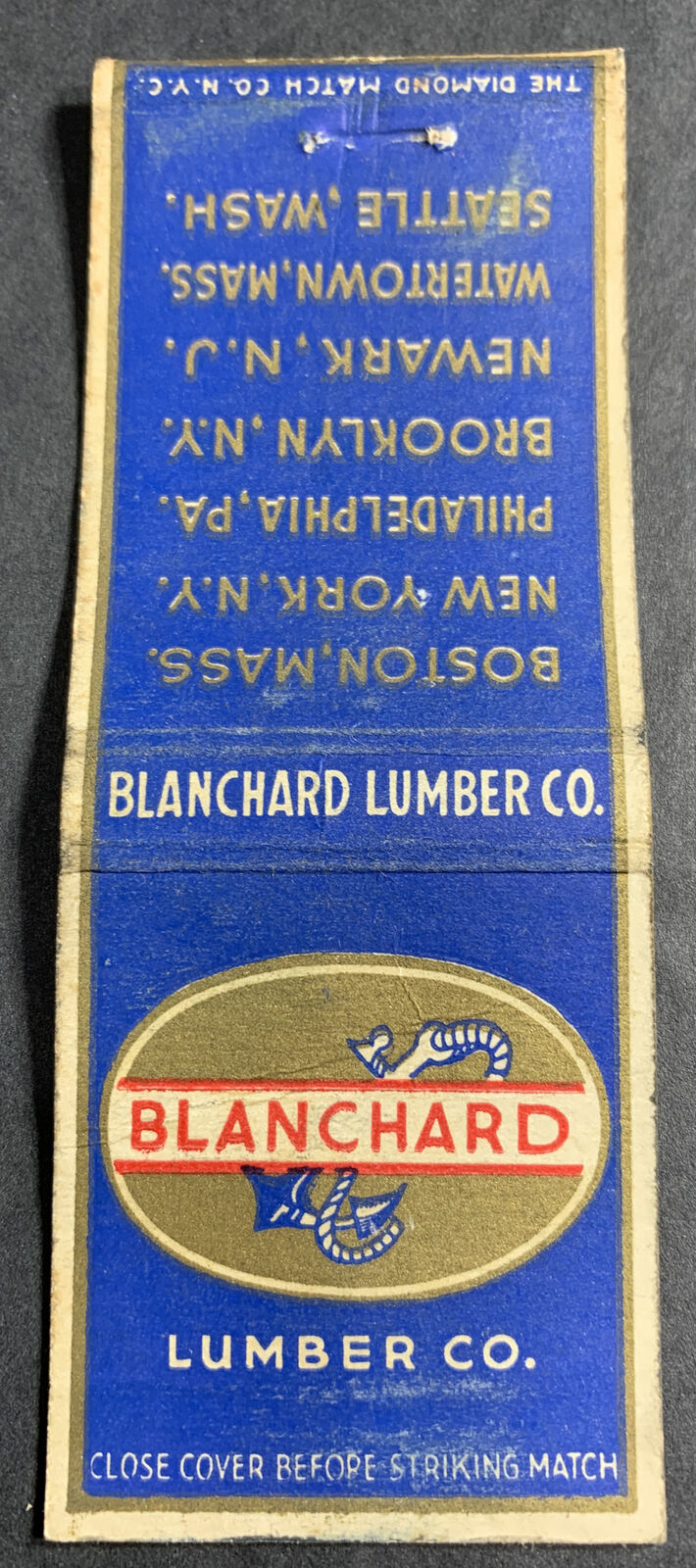 Blanchard Lumber Matchbook Cover Boat Anchor Logo Boston Seattle Newark Etc