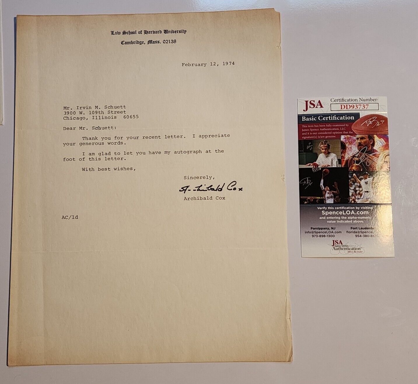 Archibald Cox 1974 Watergate Autograph JSA COA Signed Auto Richard Nixon Scandal