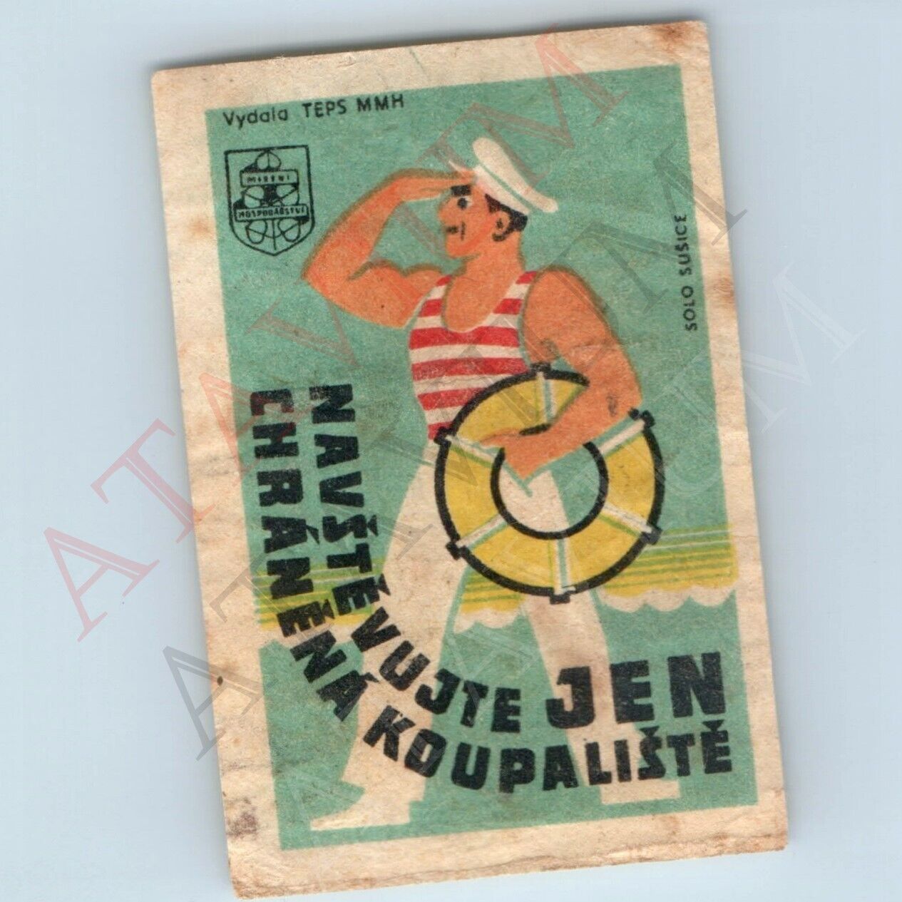 c1950s Czech Soviet Art Swimming Pool Lifeguard Matchbook Label Solo Lipnik C47