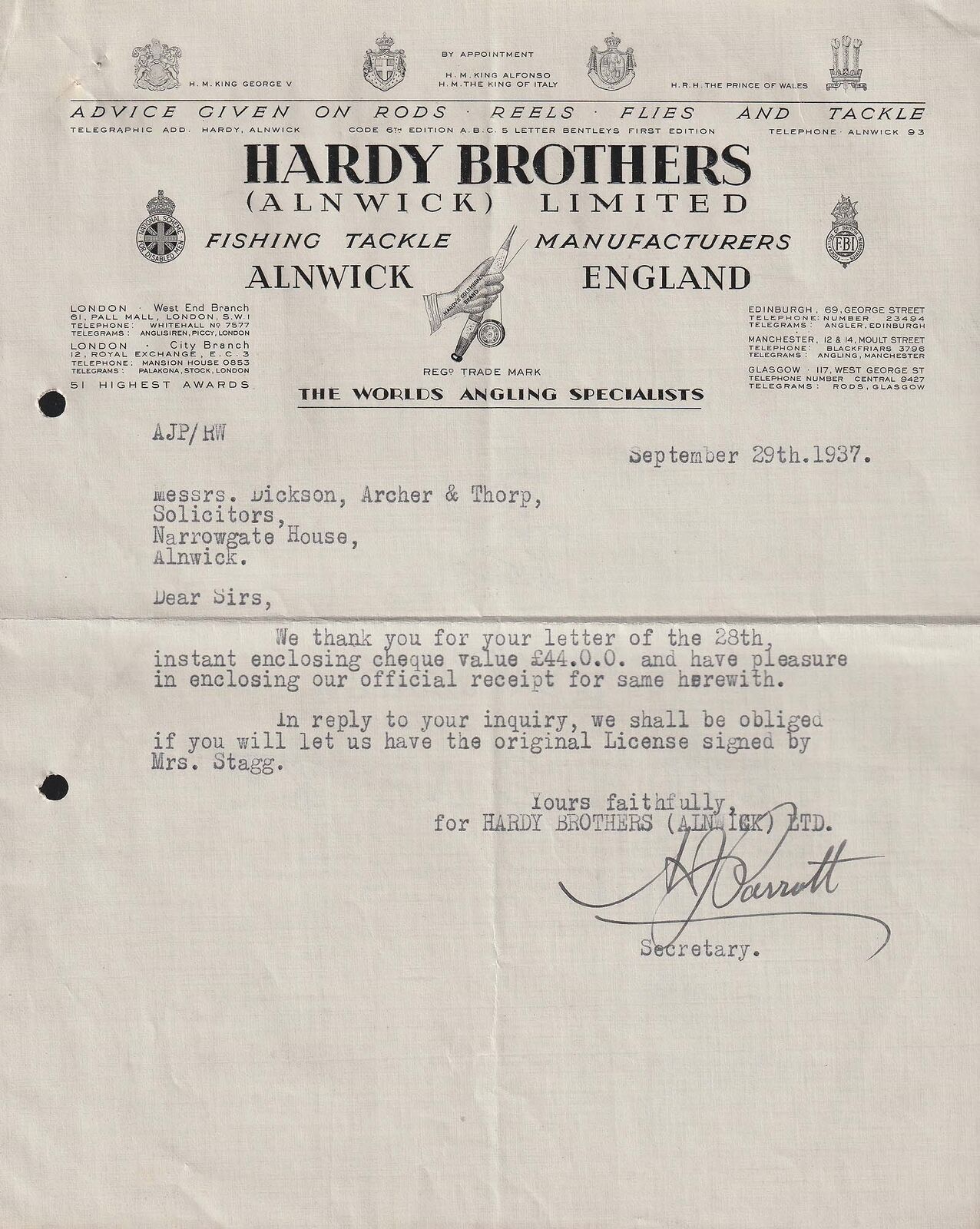 1937 HARDY BROTHERS, Alnwick, Fishing Tackle Manufacturers, to GV & HRH P of W.