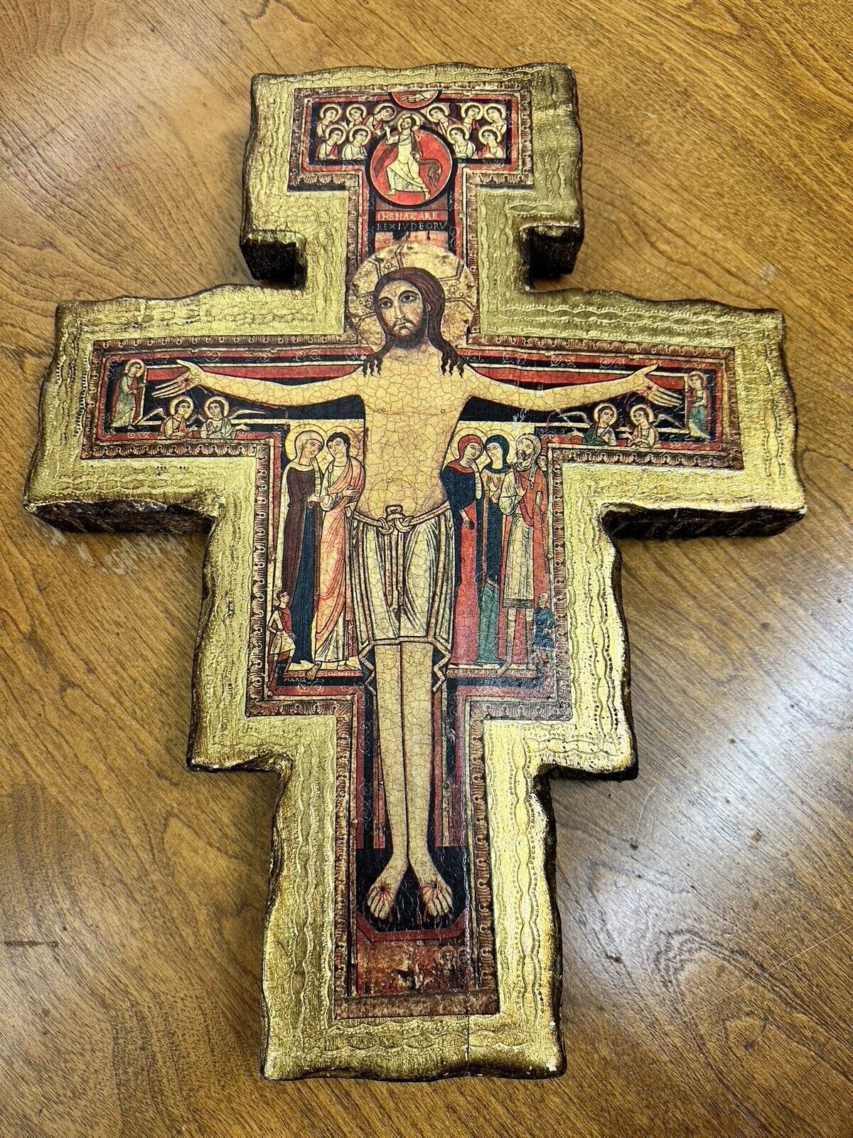 3-D Gold, Wooden, Crucifix - Early Christian Style (17” x 13” x 2”)
