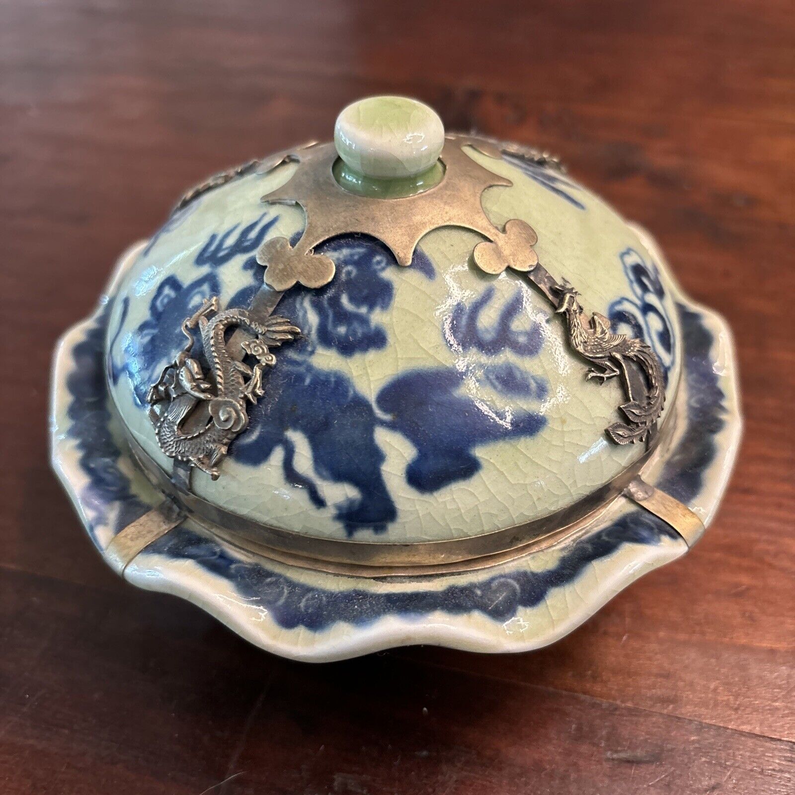 Antique Chinese Porcelain Round Lidded Box Celadon  Silver Dragon Overlays
