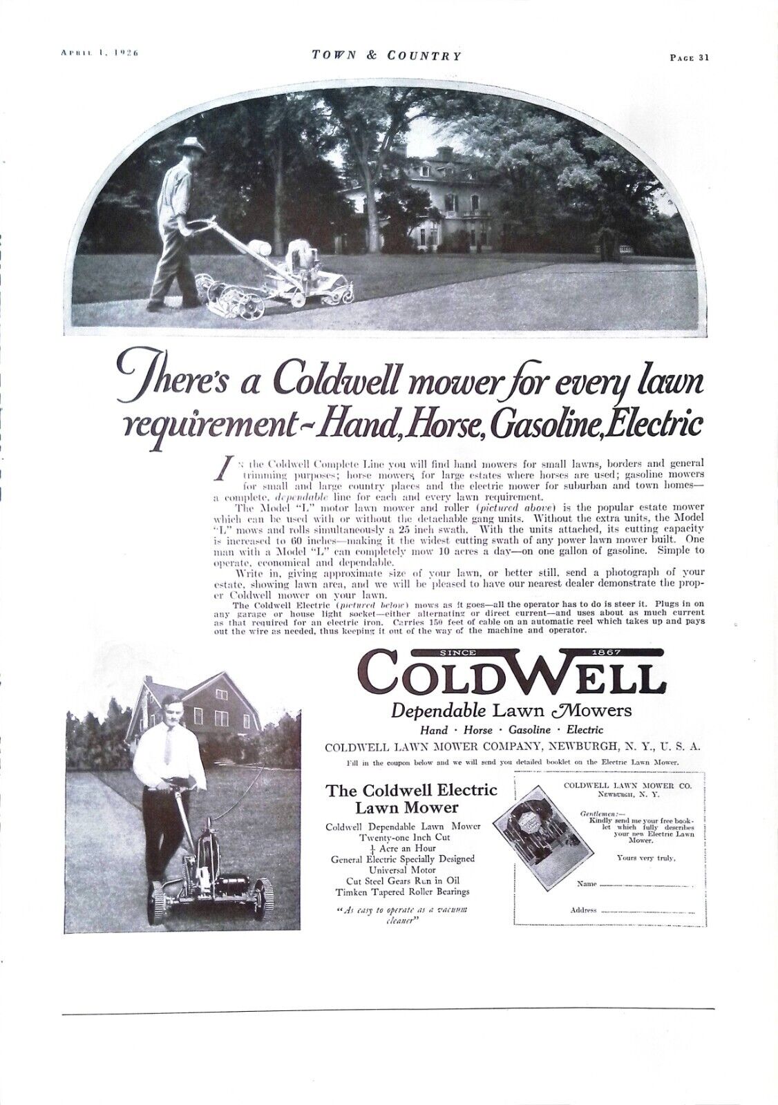 Vintage Magazine Ad Ephemera - Coldwell Lawn Mowers - 1926