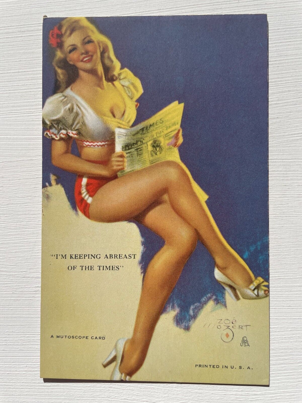 1940's Pinup Girl Picture Mutoscope Card-Zoe Mozert- Keeping Abreast of the Time