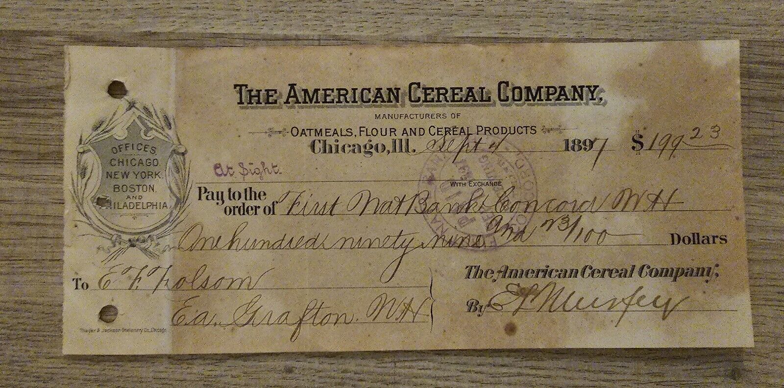 1897 The American Cereal Company Illustrated Check Chicago, IL