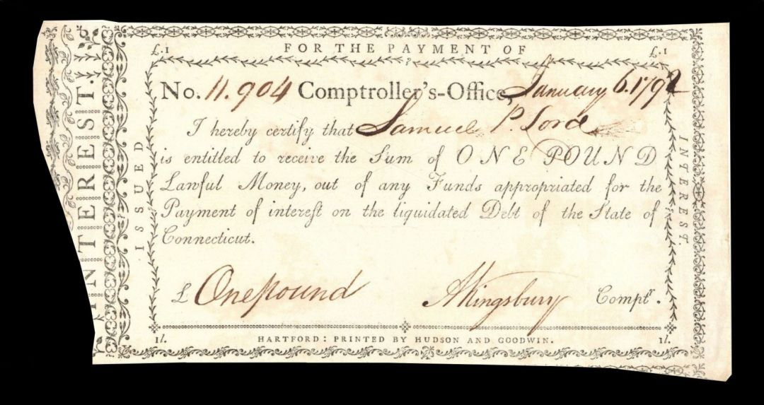 1791-92 dated Andrew Kingsbury signed Payment Note - Post American Revolutionary