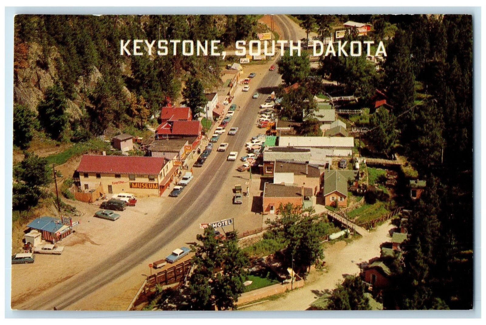 c1950\'s Aerial View Town Building Classic Cars Keystone South Dakota SD Postcard