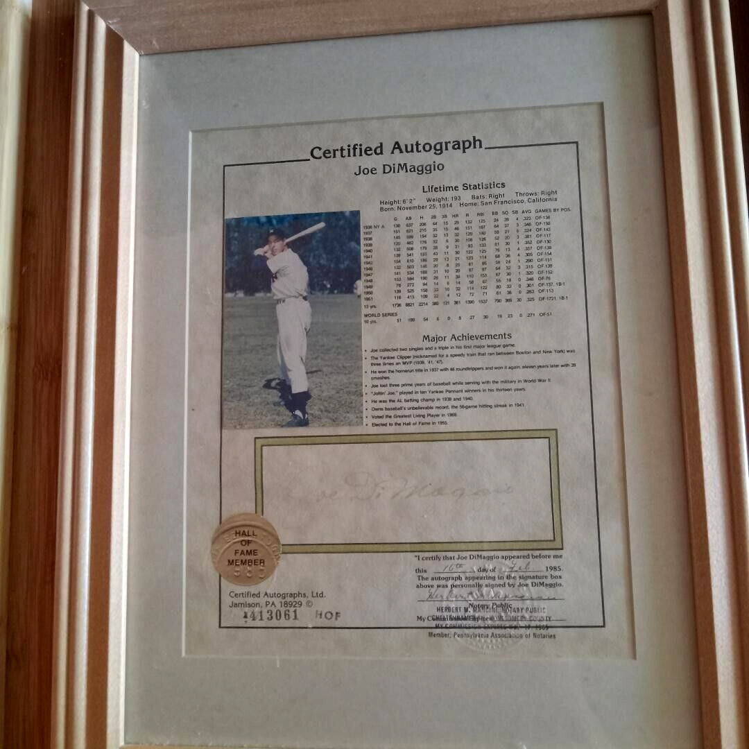 Joe Dimaggio framed notarized and certified autograph