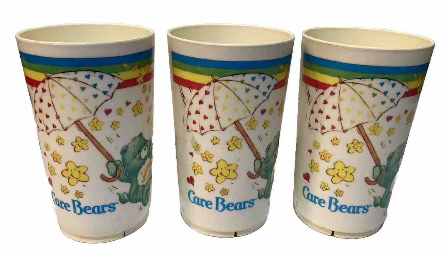 Lot of (3) Vintage Care Bears Deka Plastic Cups Tumbler American Greeting 1983