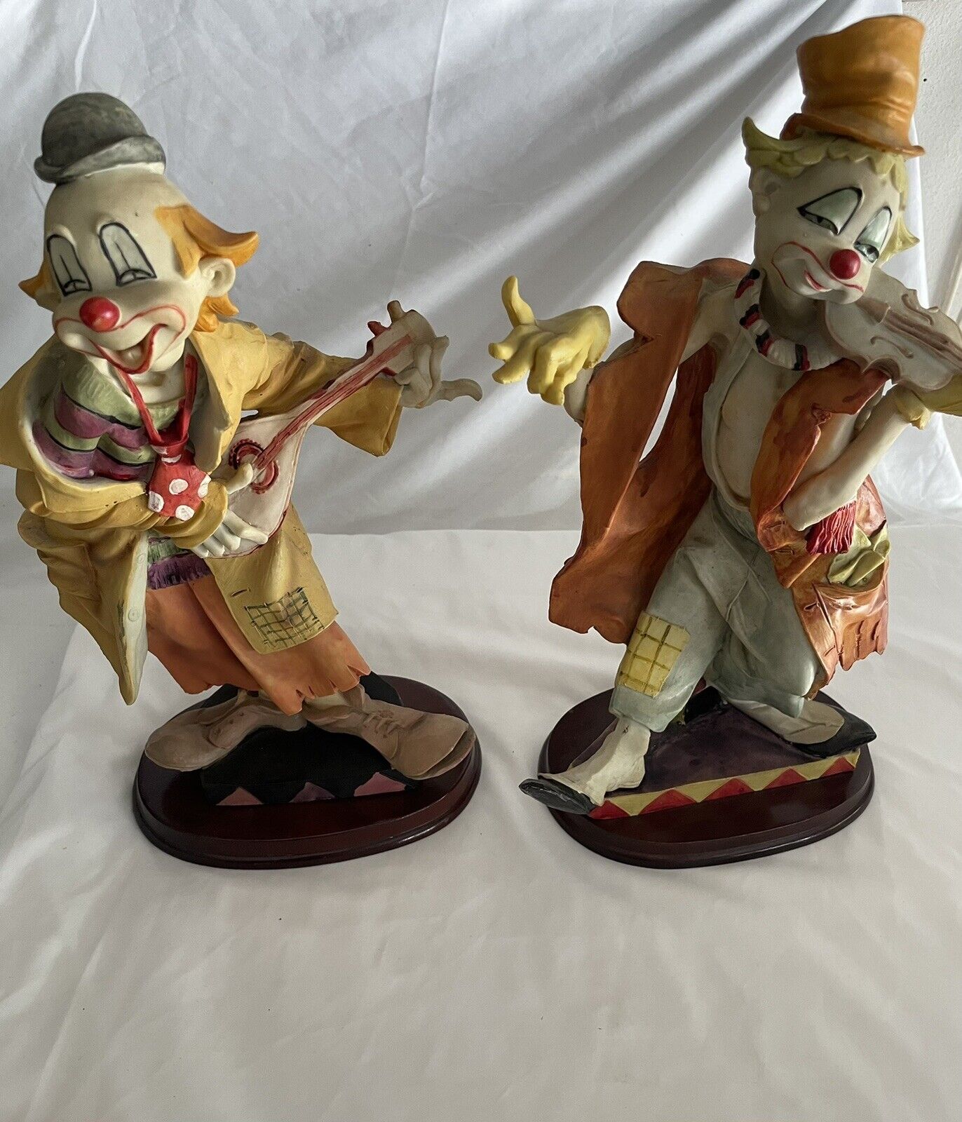 Vintage Collectible Set of 2 Ceramic Resin Clowns Playing Instruments