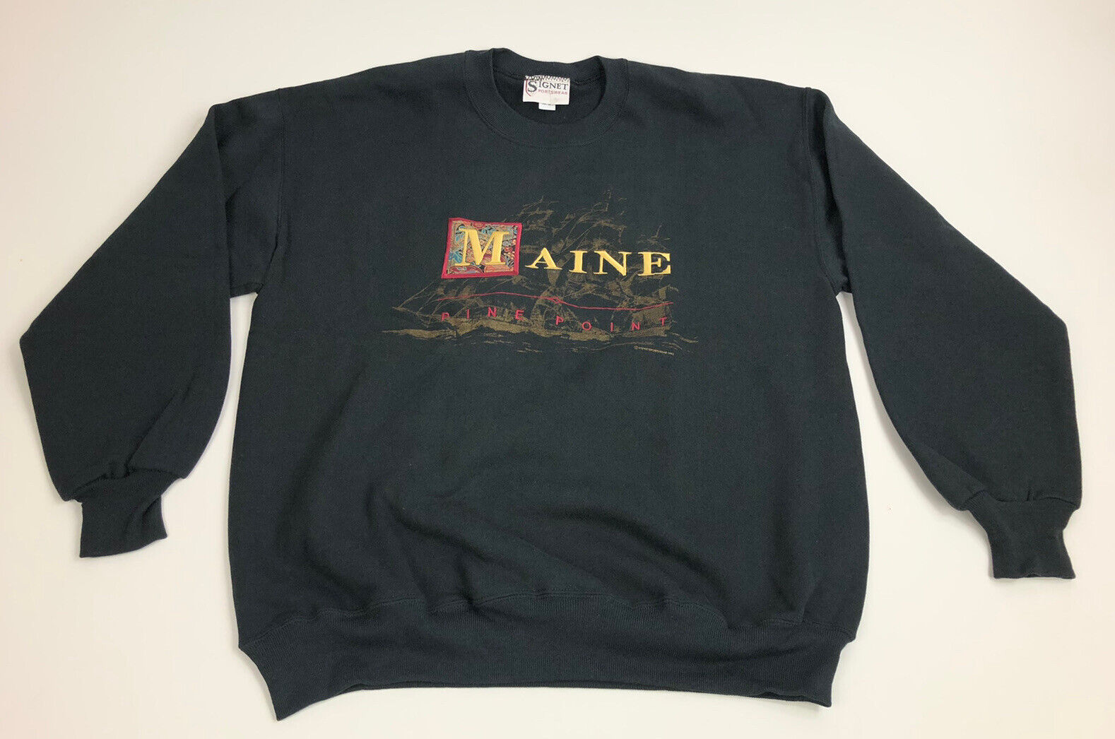 Vintage Signet Label Black MAINE - Pine Point Sweatshirt 1993 new old stock XL
