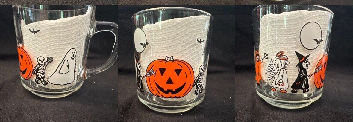 Vintage Luminarc Glass Halloween Mug Cup Trick Or Treaters Witch pumpkin ghost