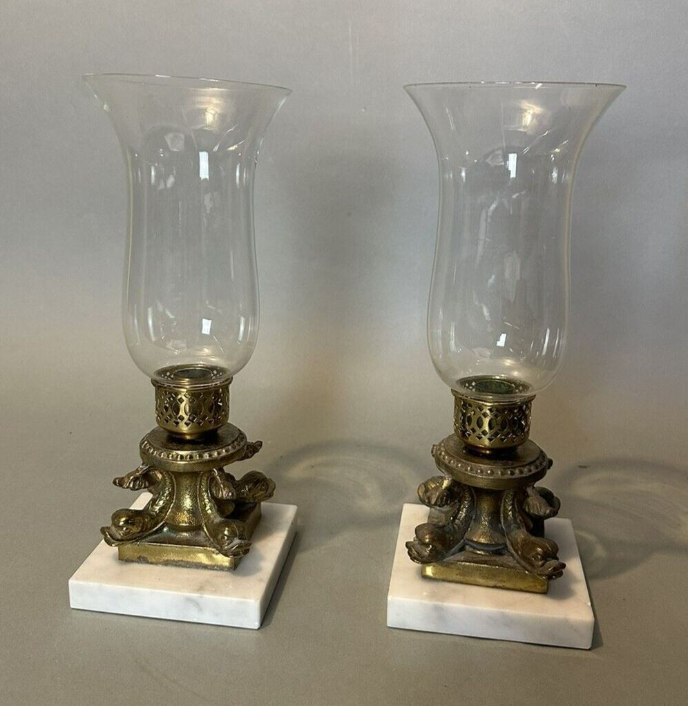 Pair of Vintage Brass & Marble Candelabra Hurricane Lamps Figural Dolphin Bases
