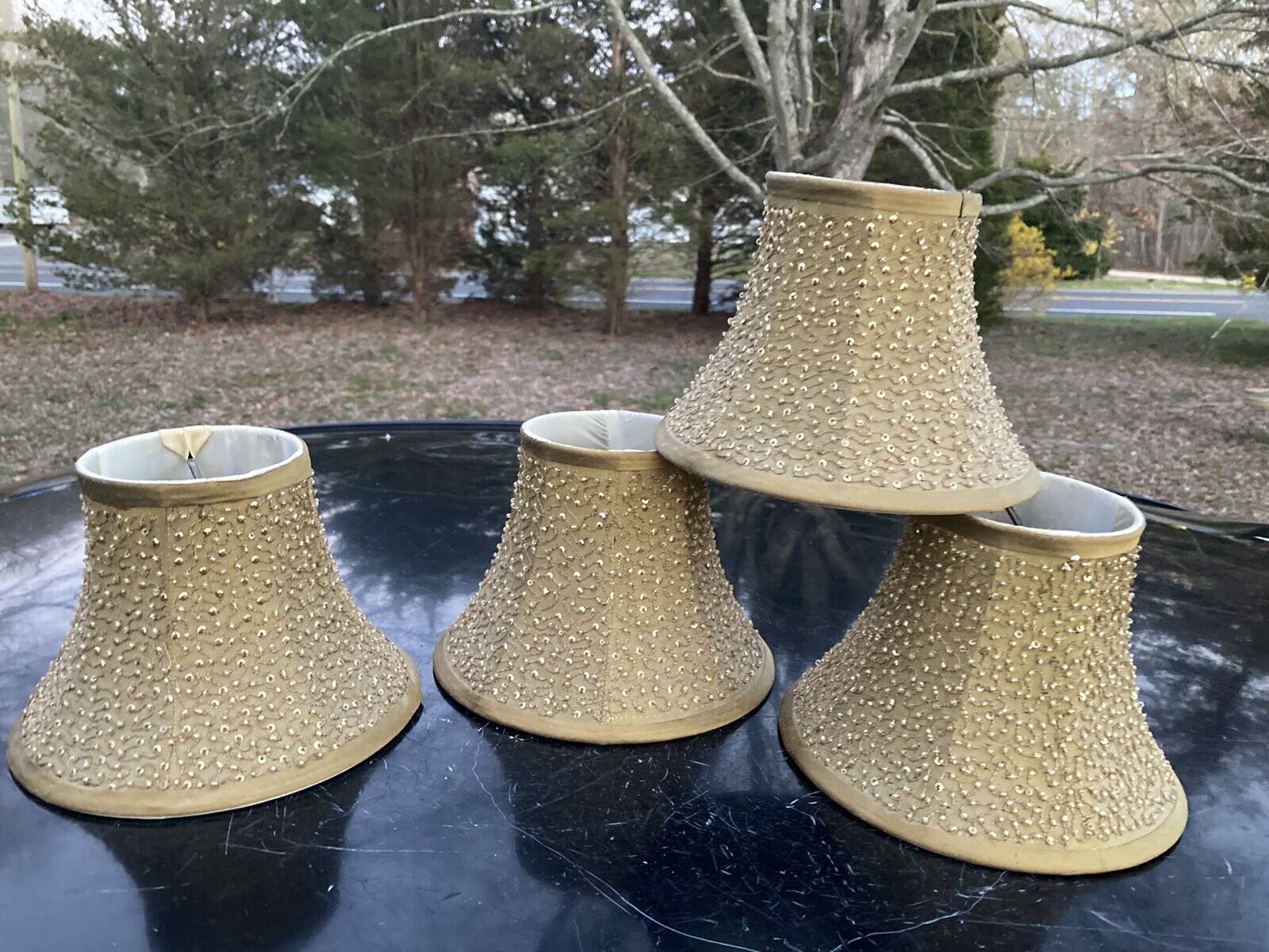 Set 4 Vintage Beaded Beige Trim Clip On Lamp chandelier Shades EXCEPT