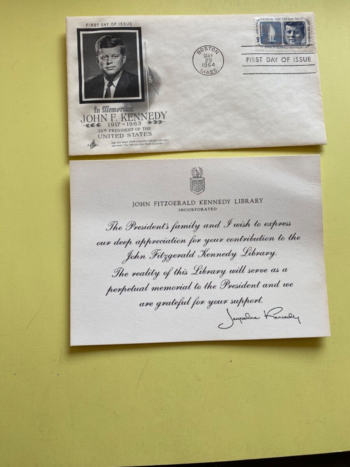 VINTAGE Kennedy Stamp Jacqueline Thank You Card W/ Envelope JFK LIBRARY Signed