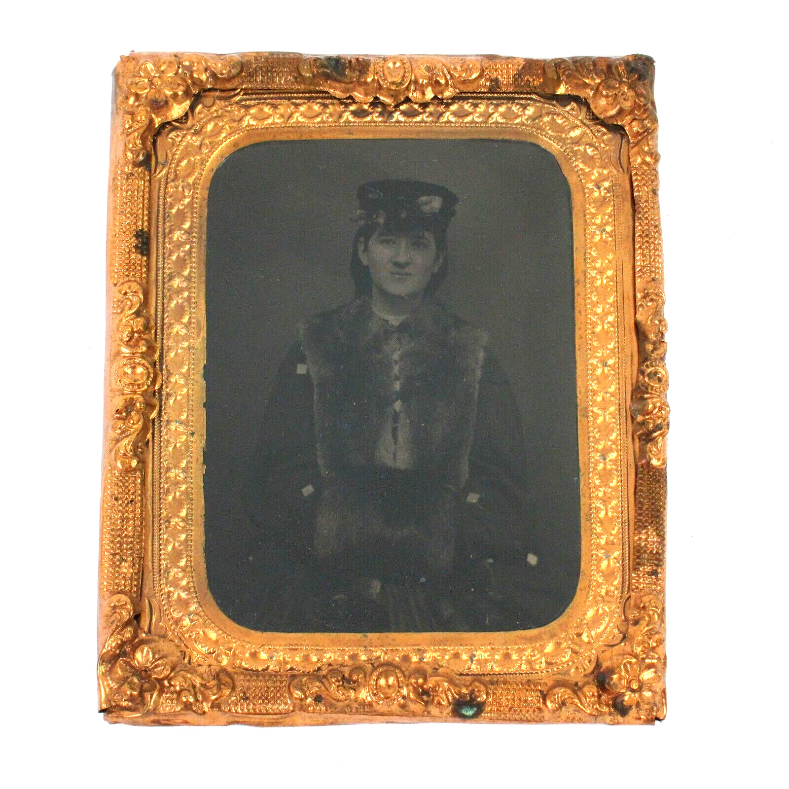 Tintype Photo Young Lady Woman Winter Fur Muff Hat US Stamp #R13c Antique 1860s