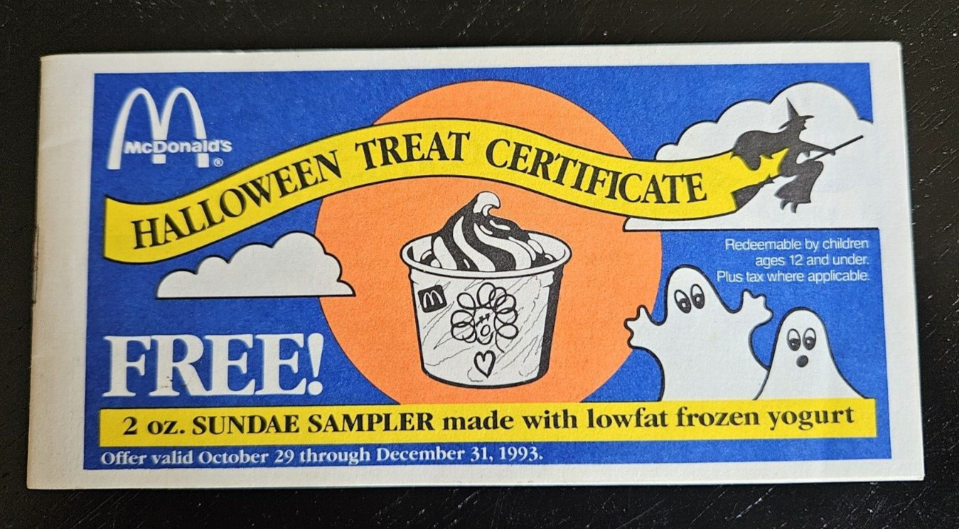 Vintage 1993 McDonald\'s Halloween Treat Certificate Booklet - 11/12 Coupons