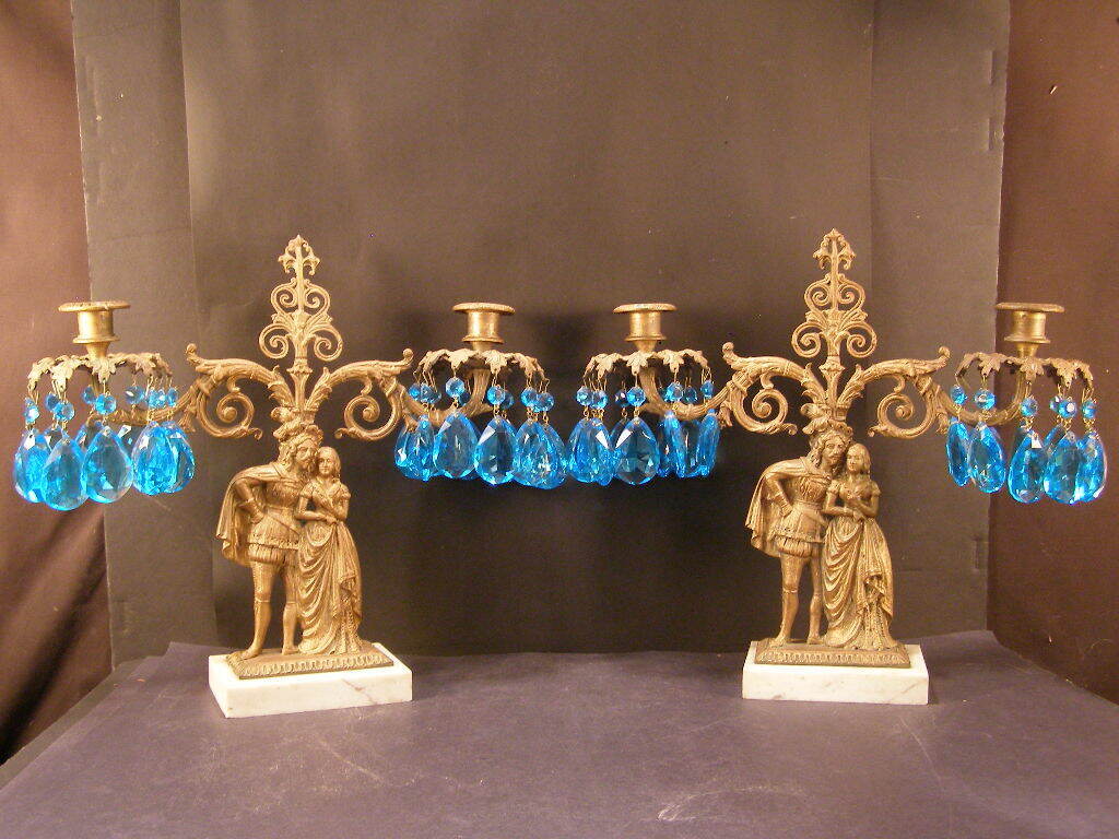 PR 19 c Bronze Blue Crystal Cut Prism Candelabra Luster Girandole Candle Holder~