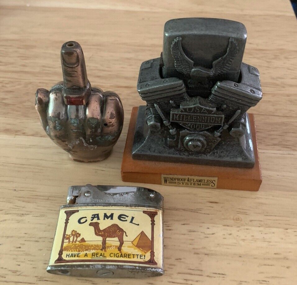 Vintage Lot of 3 Novelty Lighters Camel, Middle Finger, Motorcycle Table Lighter