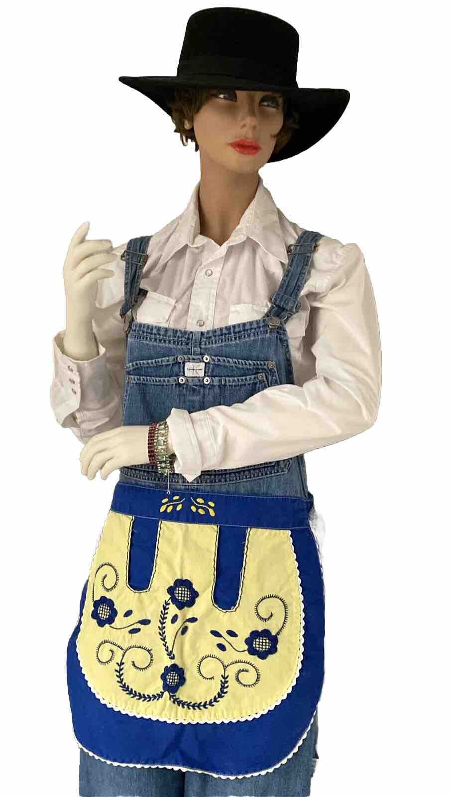 Vtg Handmade Apron Blue Yellow Daisy Flowers Cotton Half Skirt