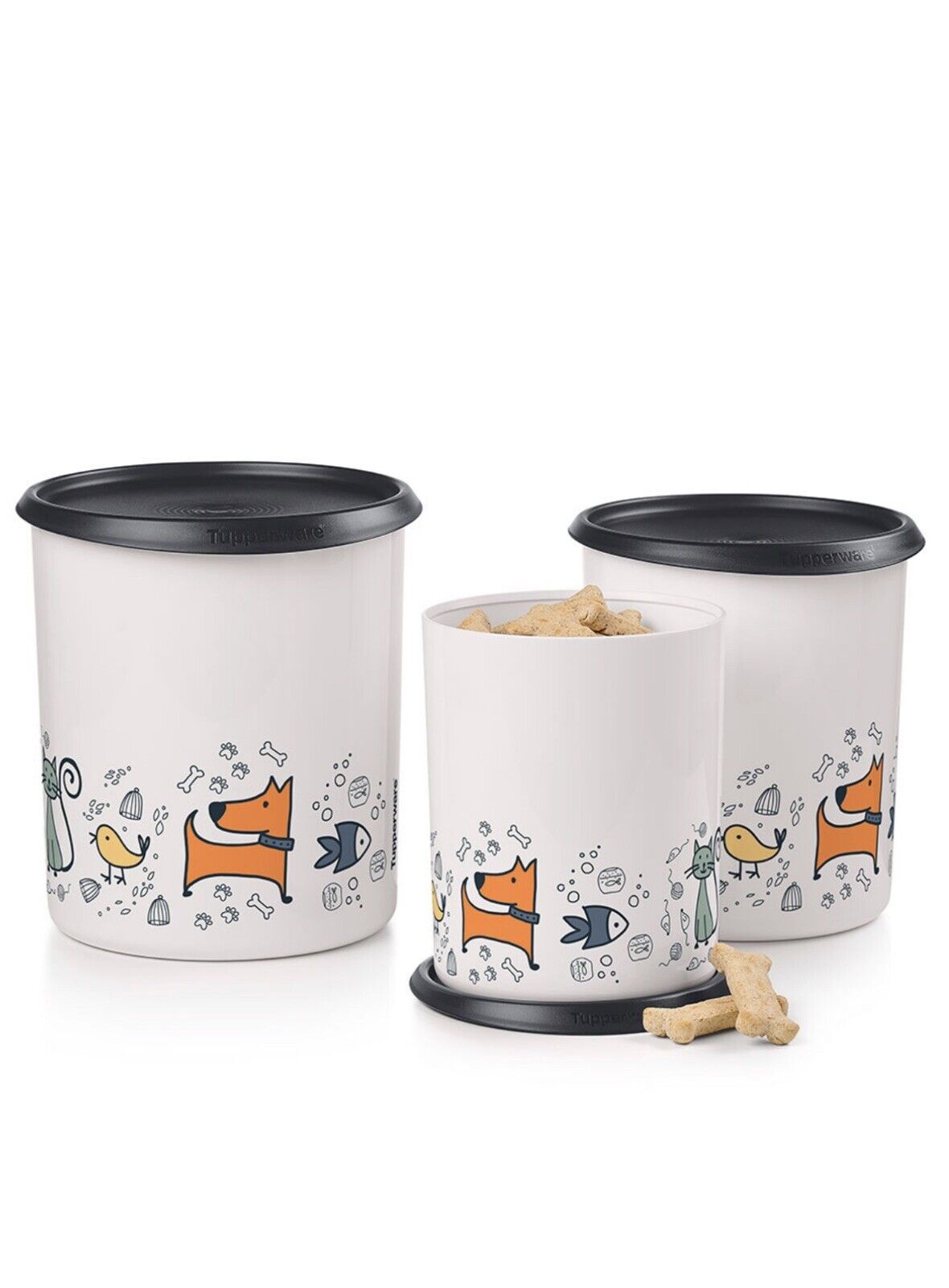 TUPPERWARE ONE TOUCH CANISTER SET 3 pc PAWSOME PETS DOG BONES FISH BIRD AIRTIGHT