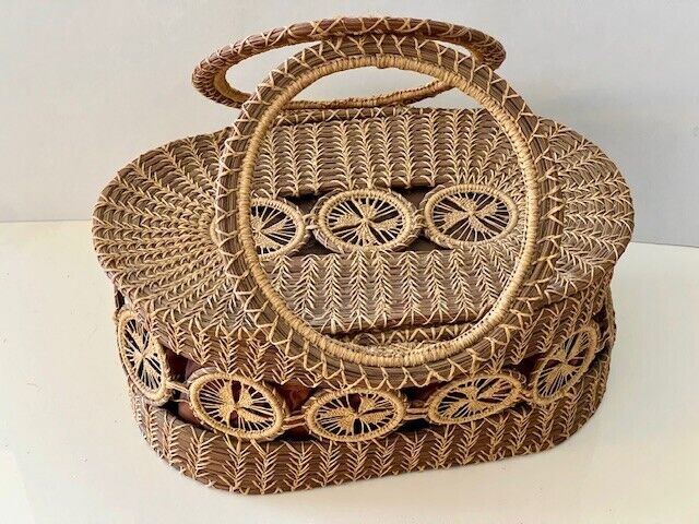 VINTAGE PINE NEEDLE & SWEETGRASS LINED BASKET HANDLE PURSE SEWING 11\