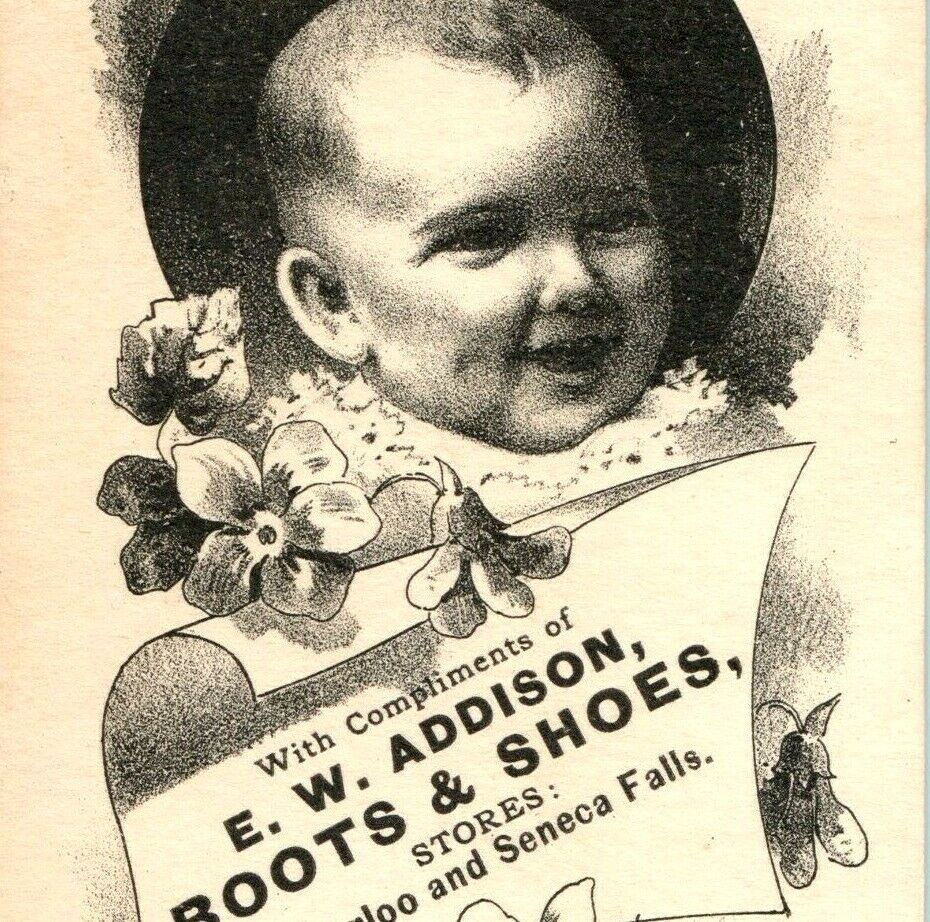 c1880s Waterloo Seneca Falls N.Y. Addison Boots Trade Card Wholesome Baby C10