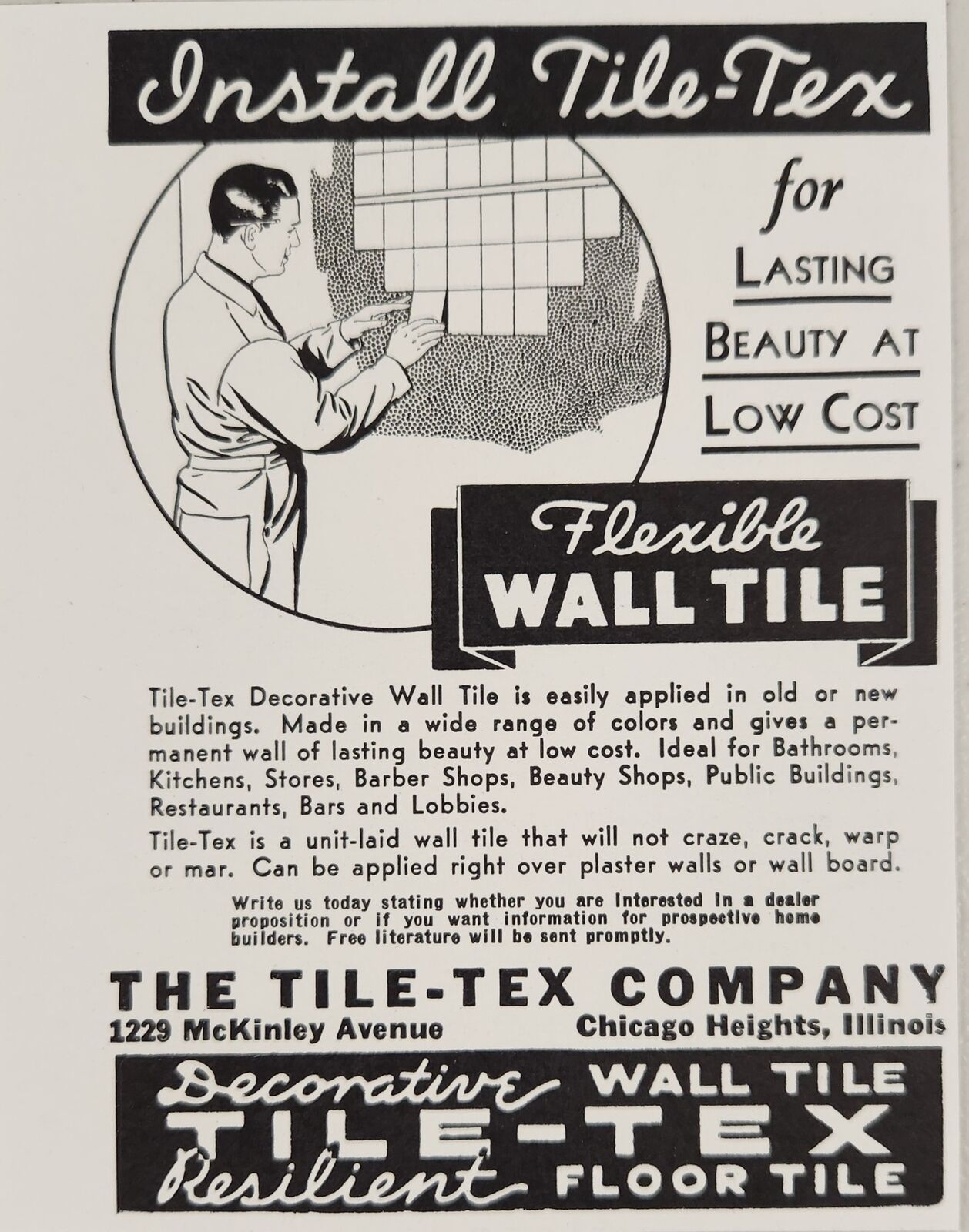 1937 Print Ad Tile-Tex Flexible Wall Tile Unit Laid Chicago Heights,Illinois