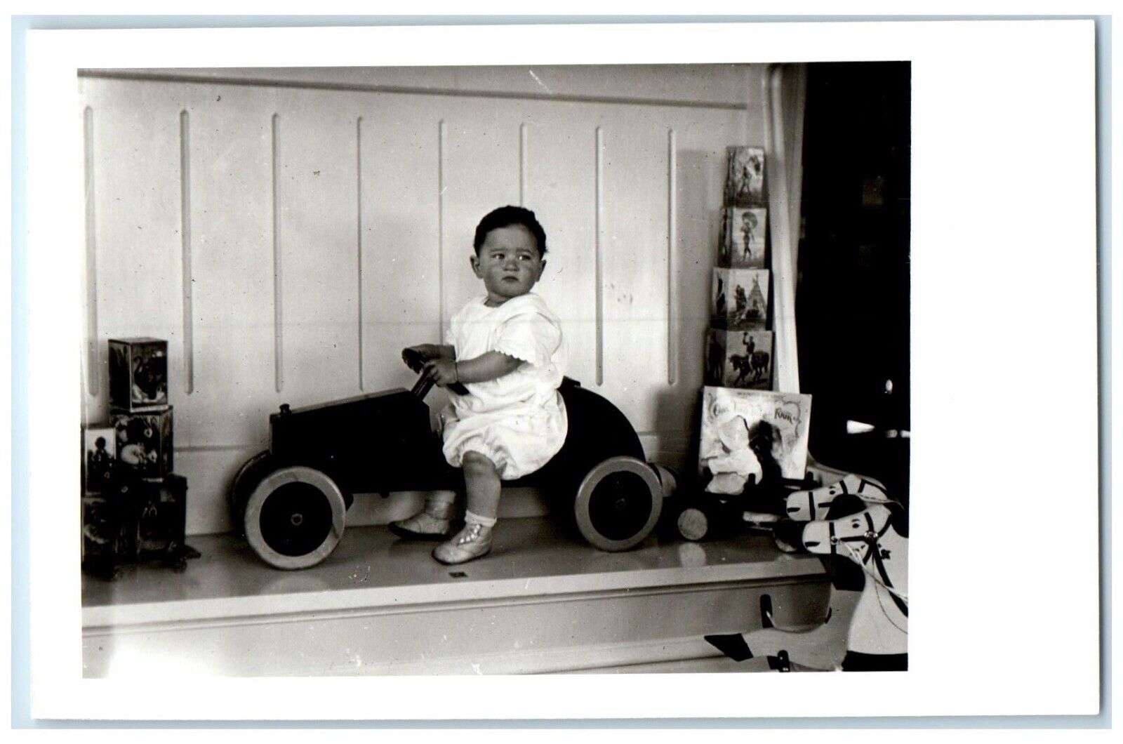 c1940\'s Cute Chubby Little Boy Riding Car Toy Vintage RPPC Photo Postcard