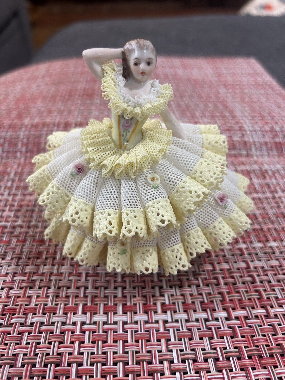 Vintage MZ Irish Dresden Porcelain Yellow And White Lace Lady “Andrea” Figurine