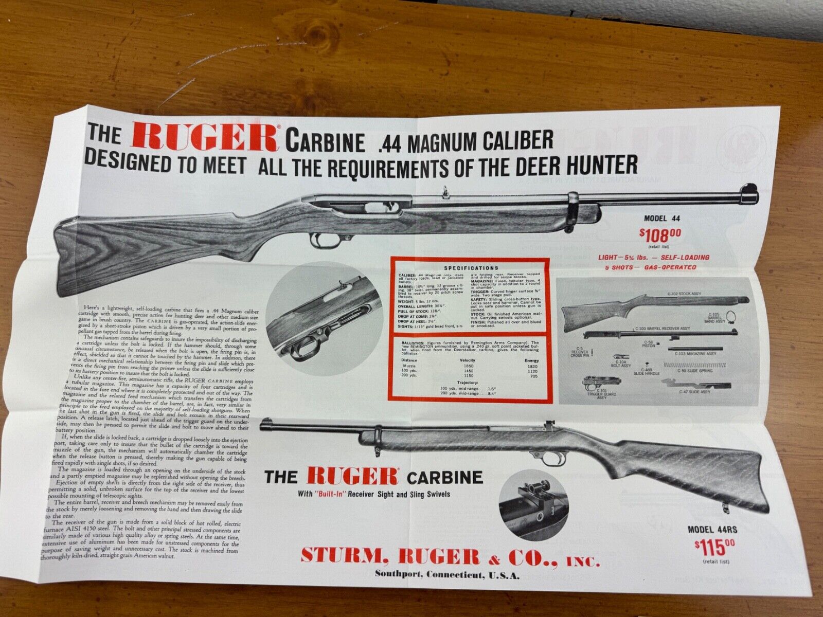1964 Print Ad Poster Ruger Firearms Carbine .44 Magnum Caliber Gun Art