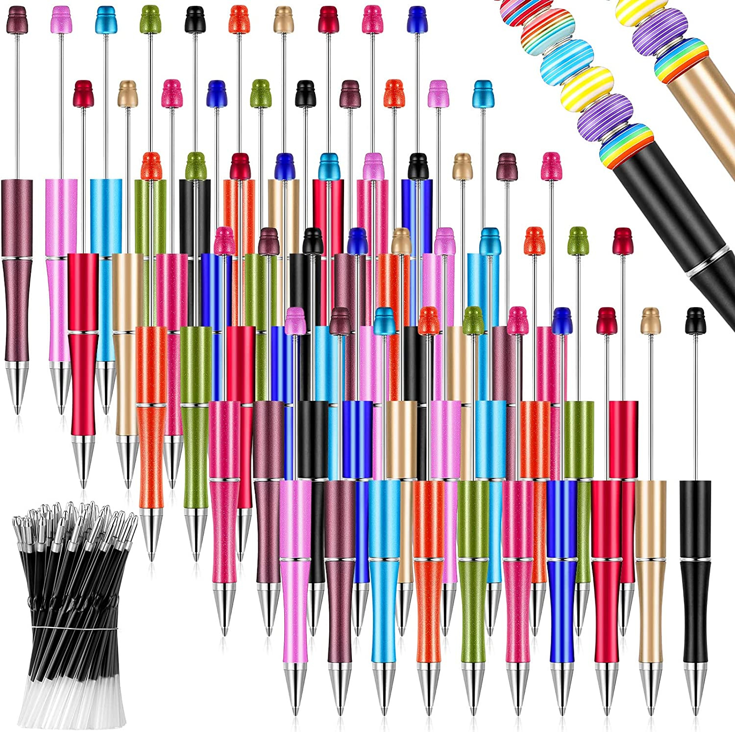50 Pieces Plastic Beadable Pen Bulk Bead Ballpoint Pen Shaft Black Ink Beaded 50