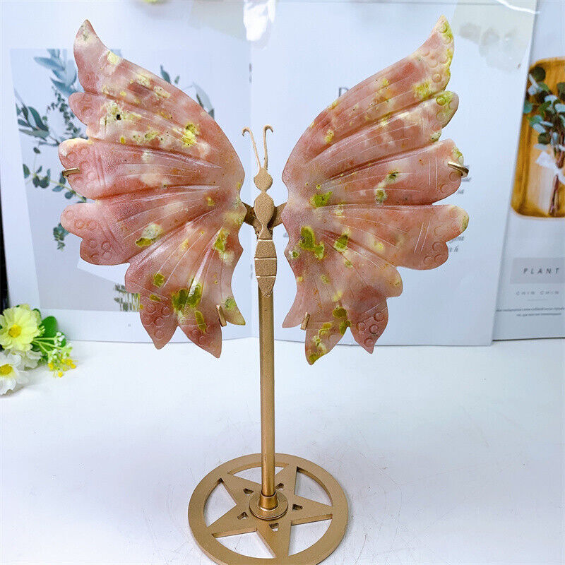 Natural Peach Blossom Tourmaline Butterfly Wings Hand Reiki Statue + Stand
