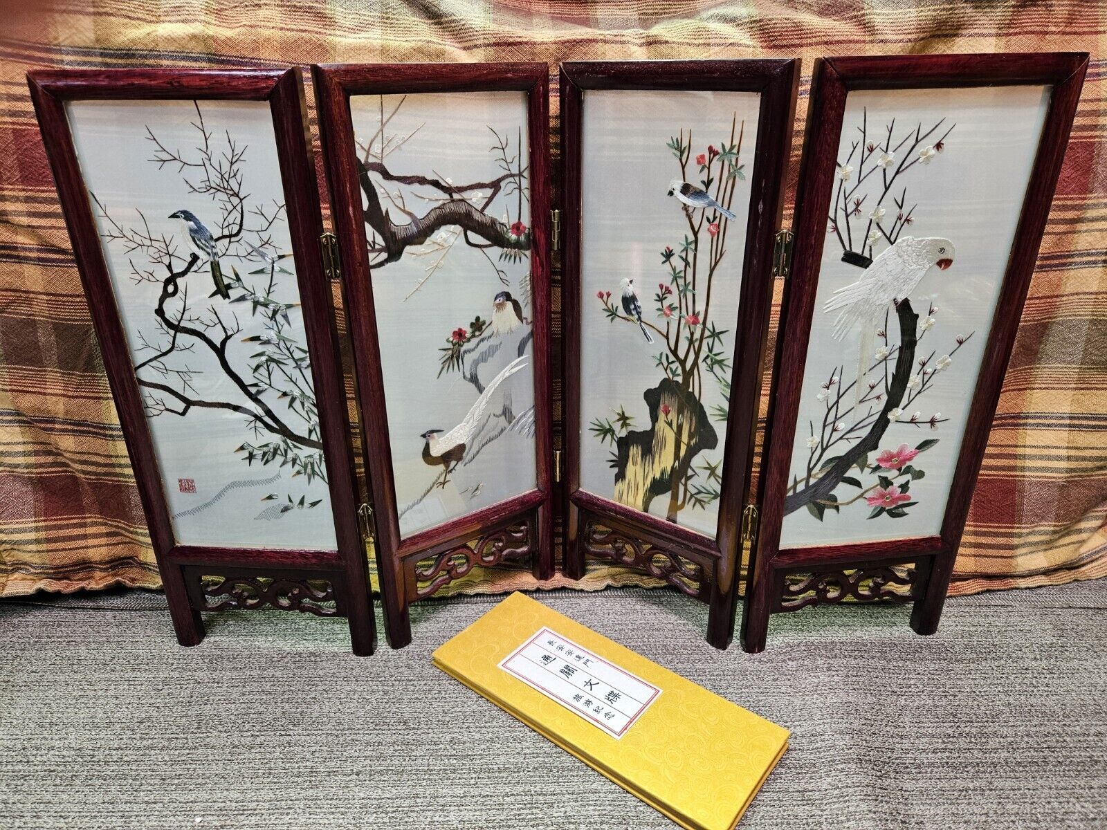 CHINESE DOUBLE SIDED SILK EMBROIDERY FOLDING TABLE SCREEN W/TRAVEL DOCUMENTS 
