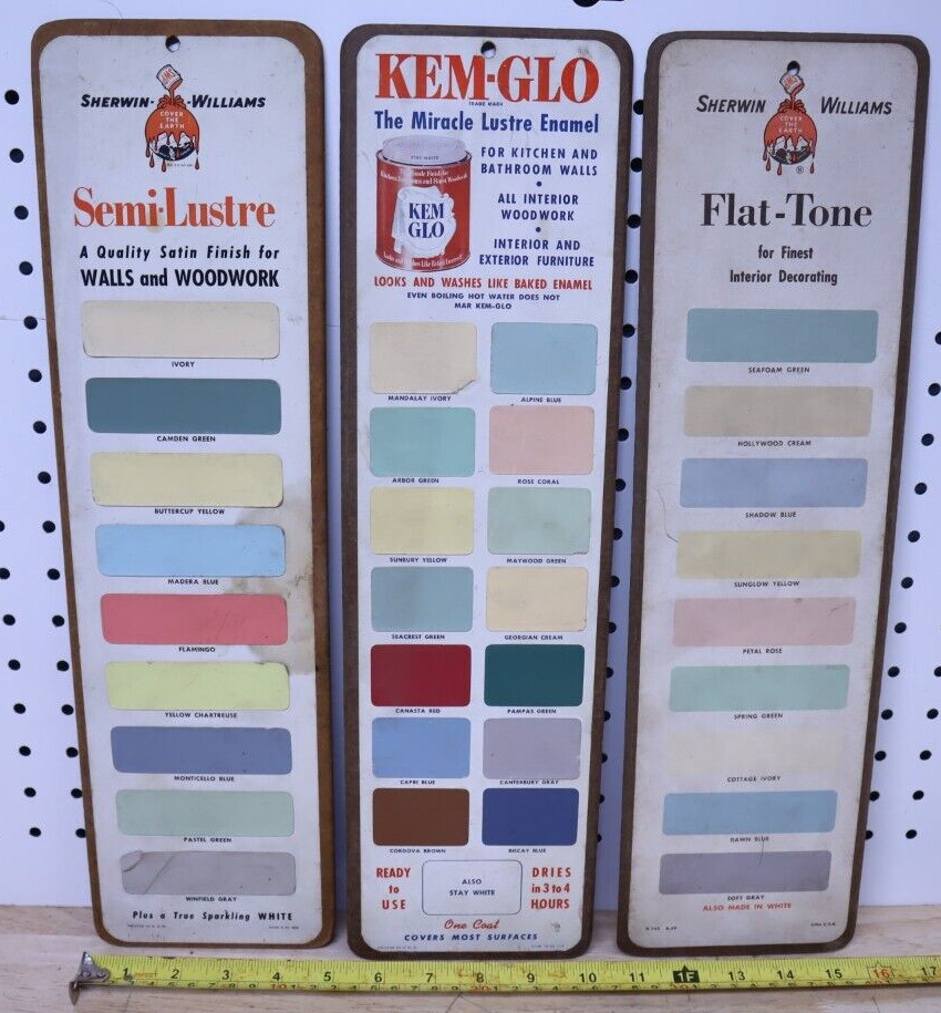 Vintage Kem-Tone Kem-Glo Advertising Paint Panel Boards Lot x3 W/ Original Paper