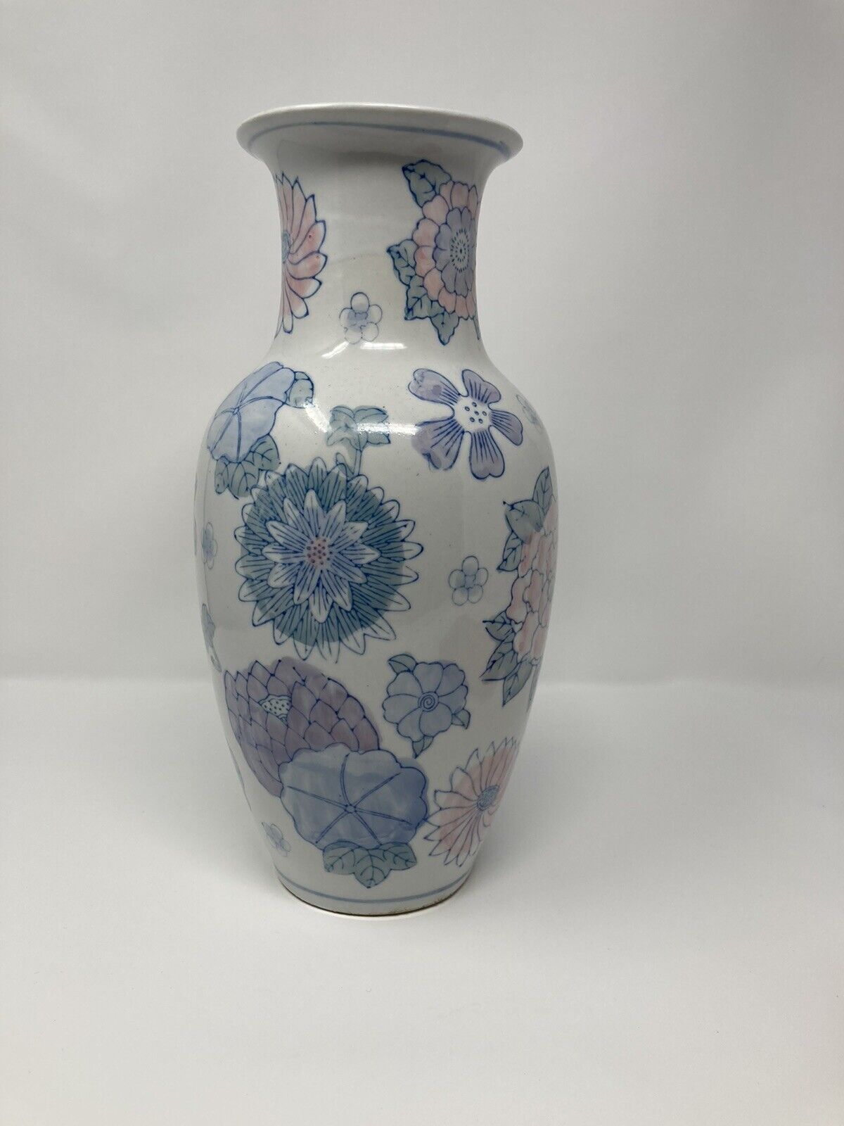 Chinese Vintage Handpainted 12” Vase Floral Pattern On White Background 